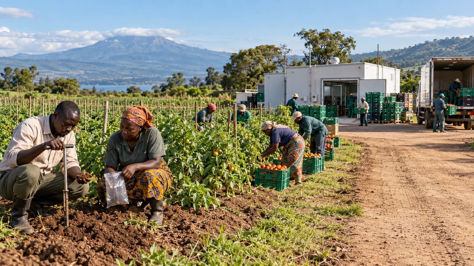 Field workers harvesting tomatoes near a cold room and refrigerated truck, mountain and lake beyond.