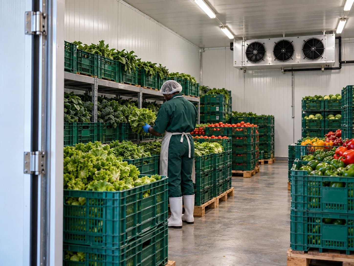 Worker stocking crates of leafy greens and produce inside a refrigerated cold room.
