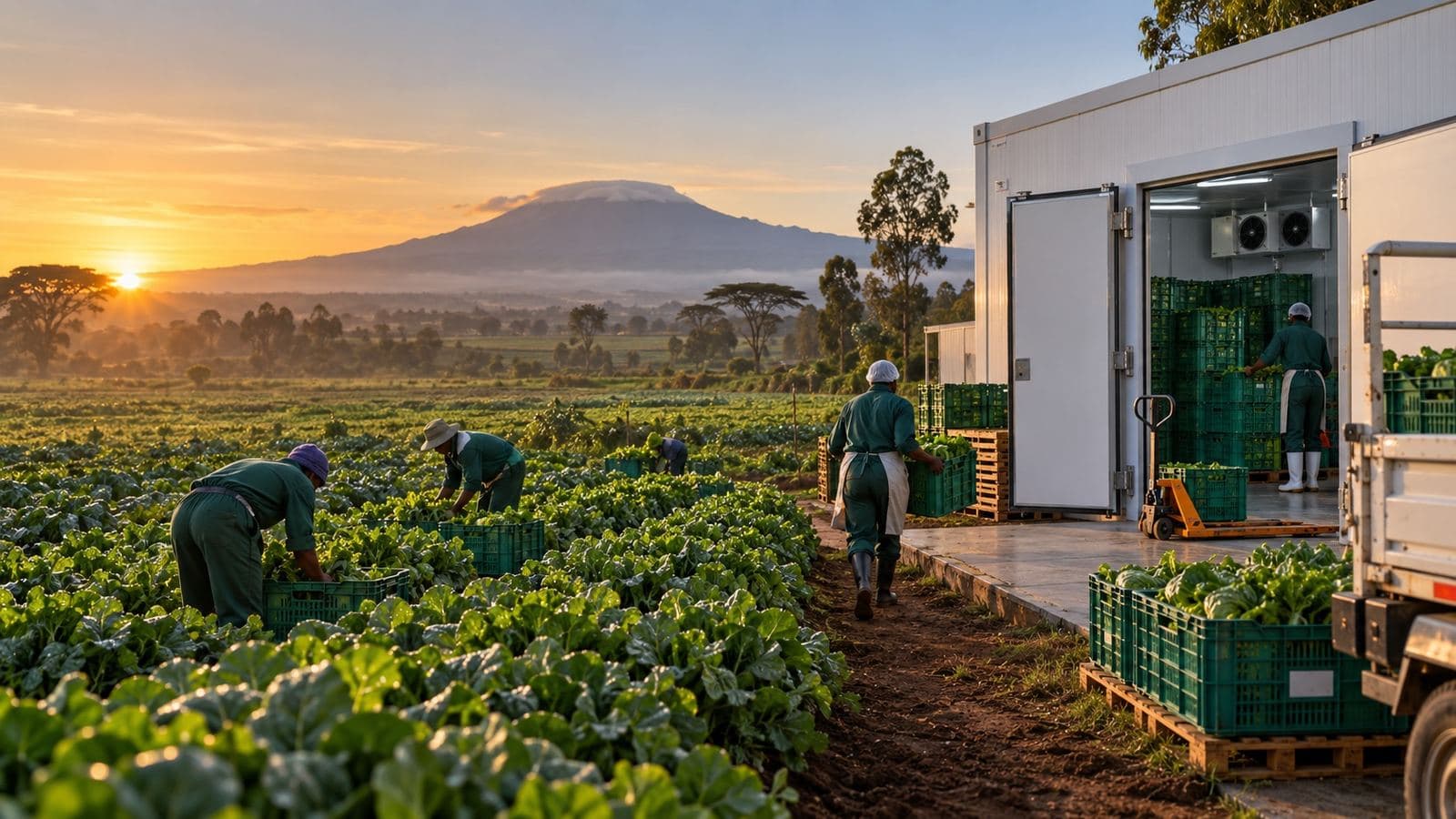 Workers loading produce crates into a cold room and truck at sunrise, mountain silhouette behind.