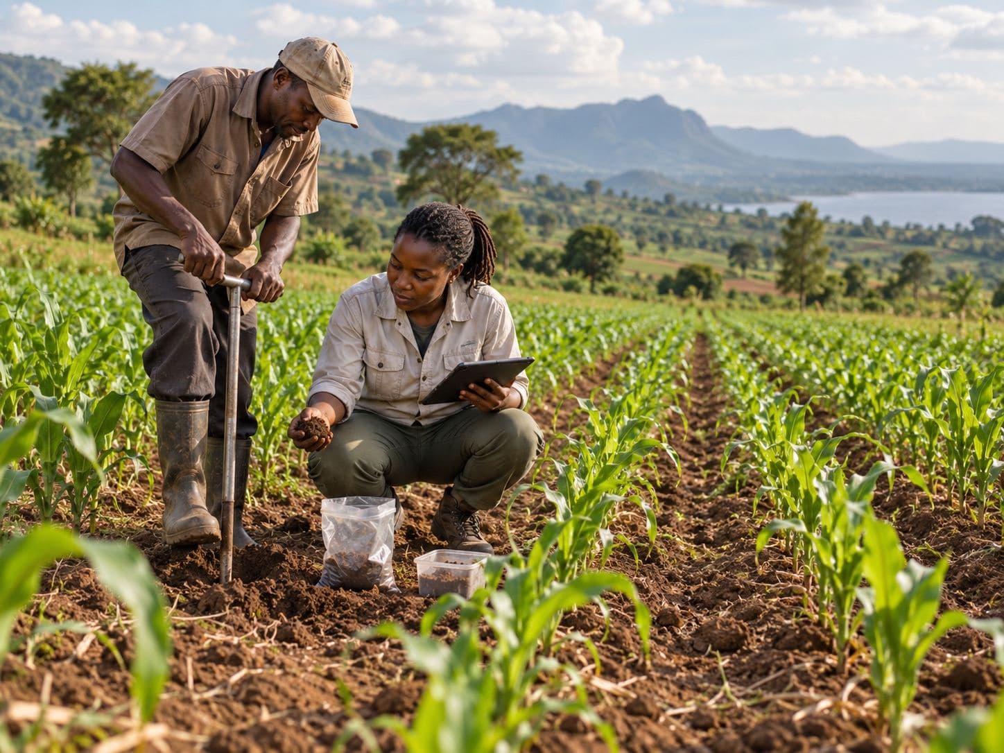 Two people kneeling in a cornfield collecting soil samples with a hand auger, hills beyond.