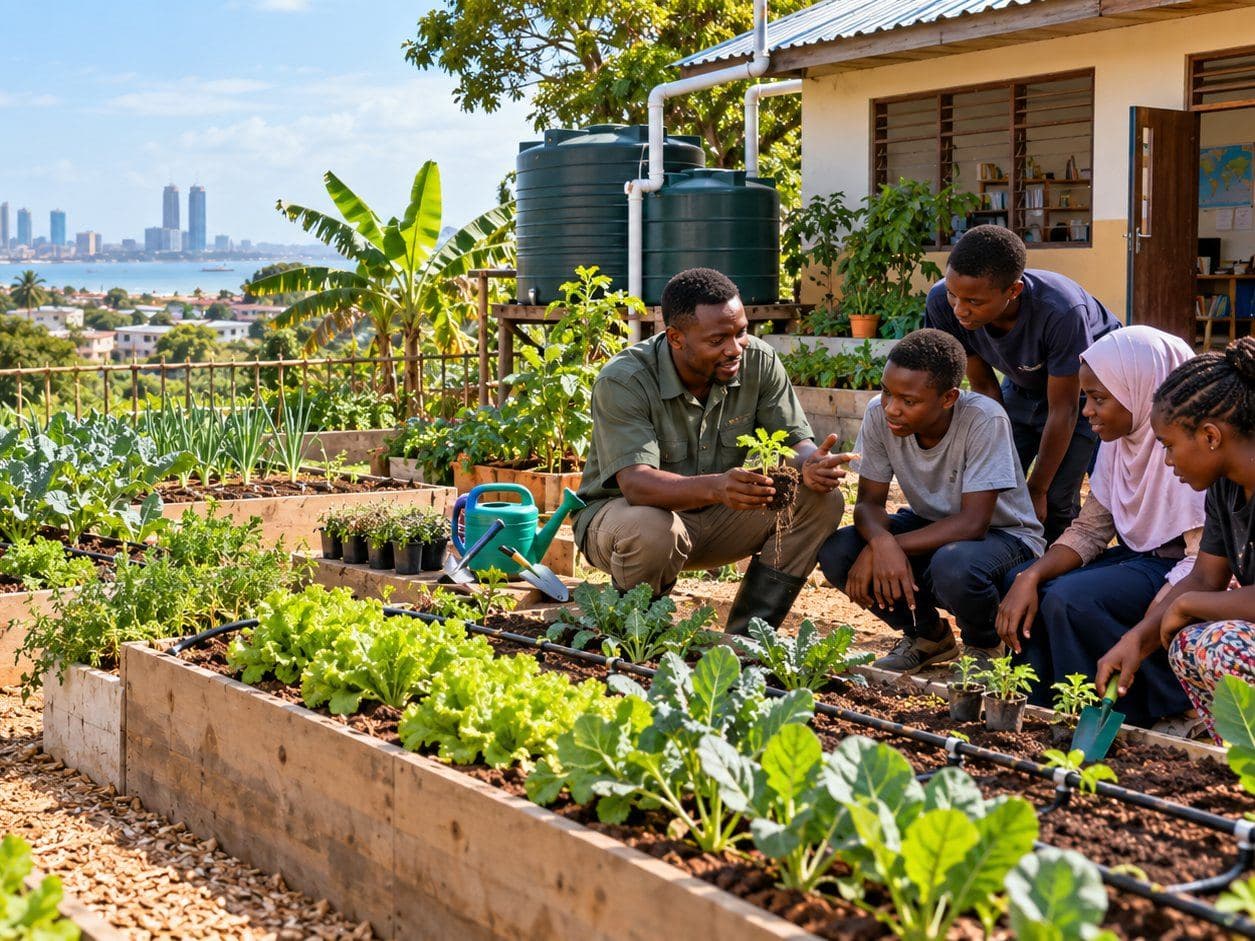 Man kneeling with young people at raised garden beds, city skyline visible in the distance.