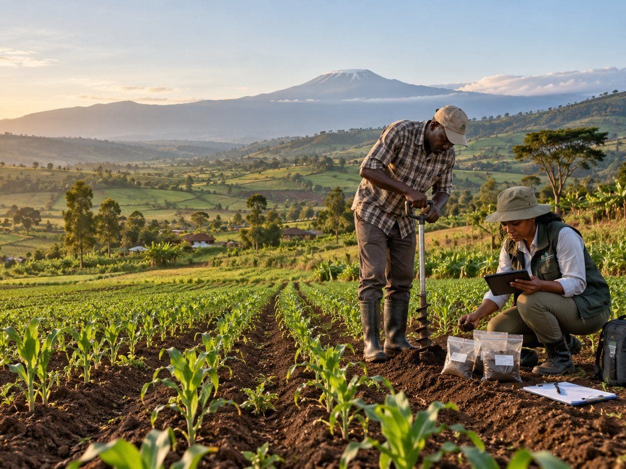 Man and woman examining soil in a cornfield at sunrise, mountain rising in the distance.