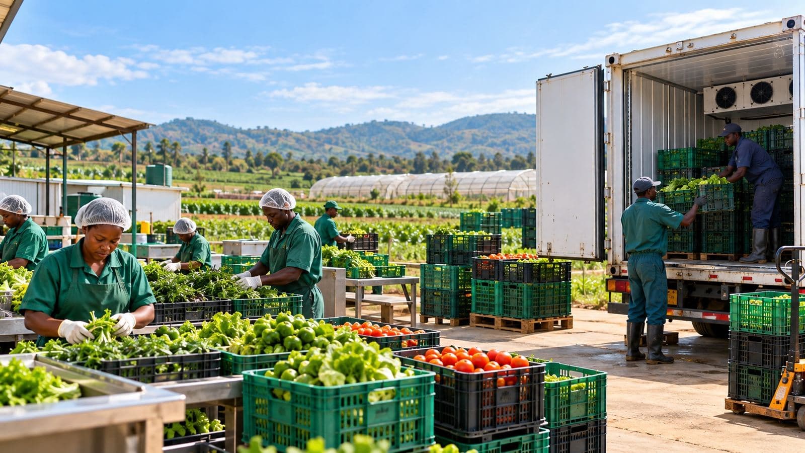 Workers sorting vegetables at an outdoor packing table while loading a refrigerated truck nearby.